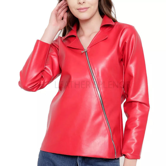 Across Zippered Front Women Red Genuine Leather Jacket