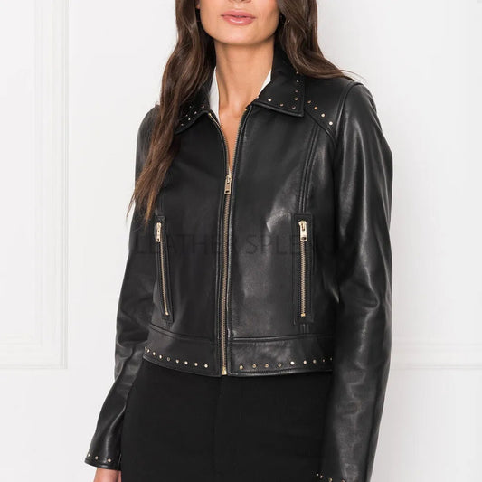 Casual Styled Studded Party Genuine Leather Biker Jacket for Ladies