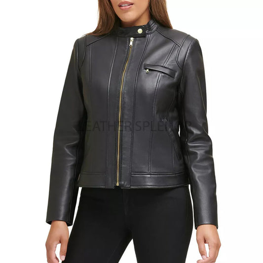 Black Paneled Zipper Biker Leather Jacket Moto For Ladies