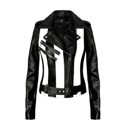 Black White Stripped Jacket Biker Jacket Casual Women Leather Jacket