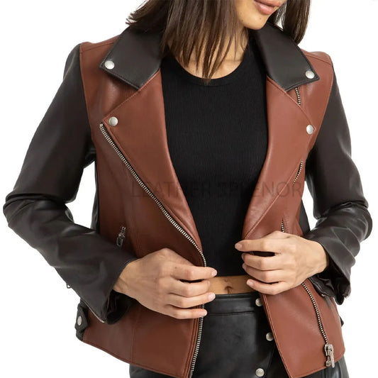Brown and Black Genuine Leather Biker Jacket For Women