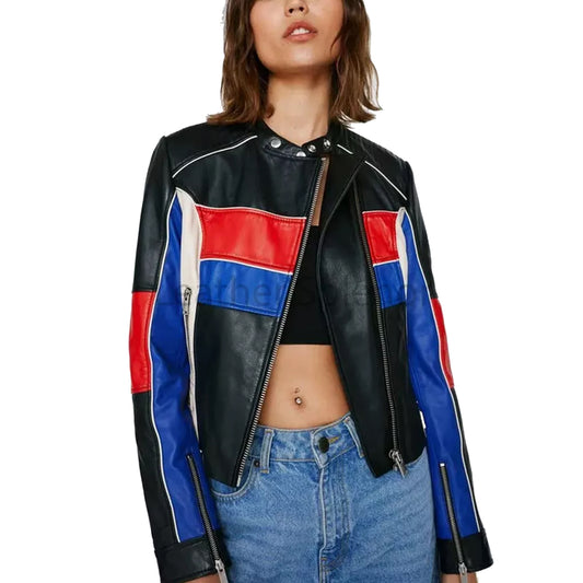 Chic Black Multicolor Patch Detailed Women Genuine Leather Jacket