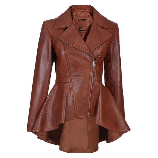 Cognac Brown Peplum Hem Style Women Leather Jacket