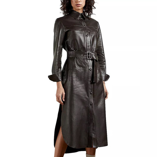 Collared Belted Women Coat Leather Dress