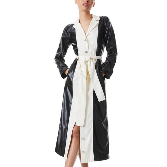 Color Block Black Off White Women Belted Waist Genuine Leather Long Coat