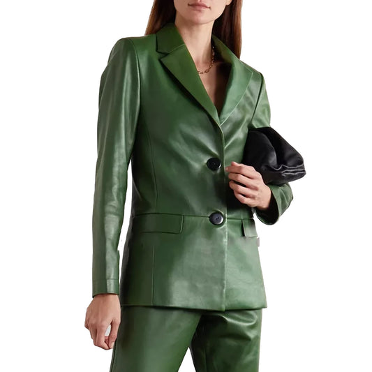 Contrast Black Two Button Styled Green Leather Women Blazer