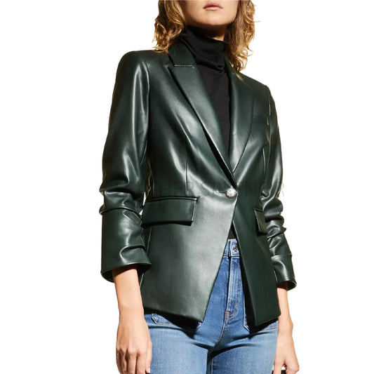 Forest Green Single Button Front Women Slim Fit Genuine Leather Blazer