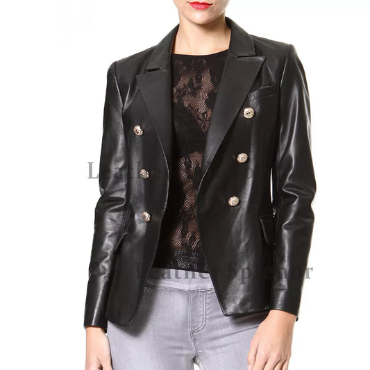 Double Breasted Casual Women Leather Blazer