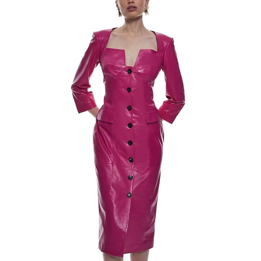 Hot Pink Sweetheart Neck Buttoned Formal Midi Leather Dress