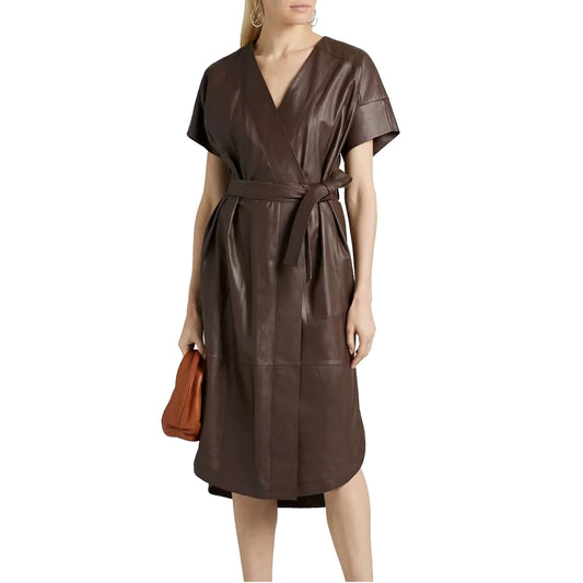 Dark Brown Wrap Style Minimal Leather Dress With Belt At Waist