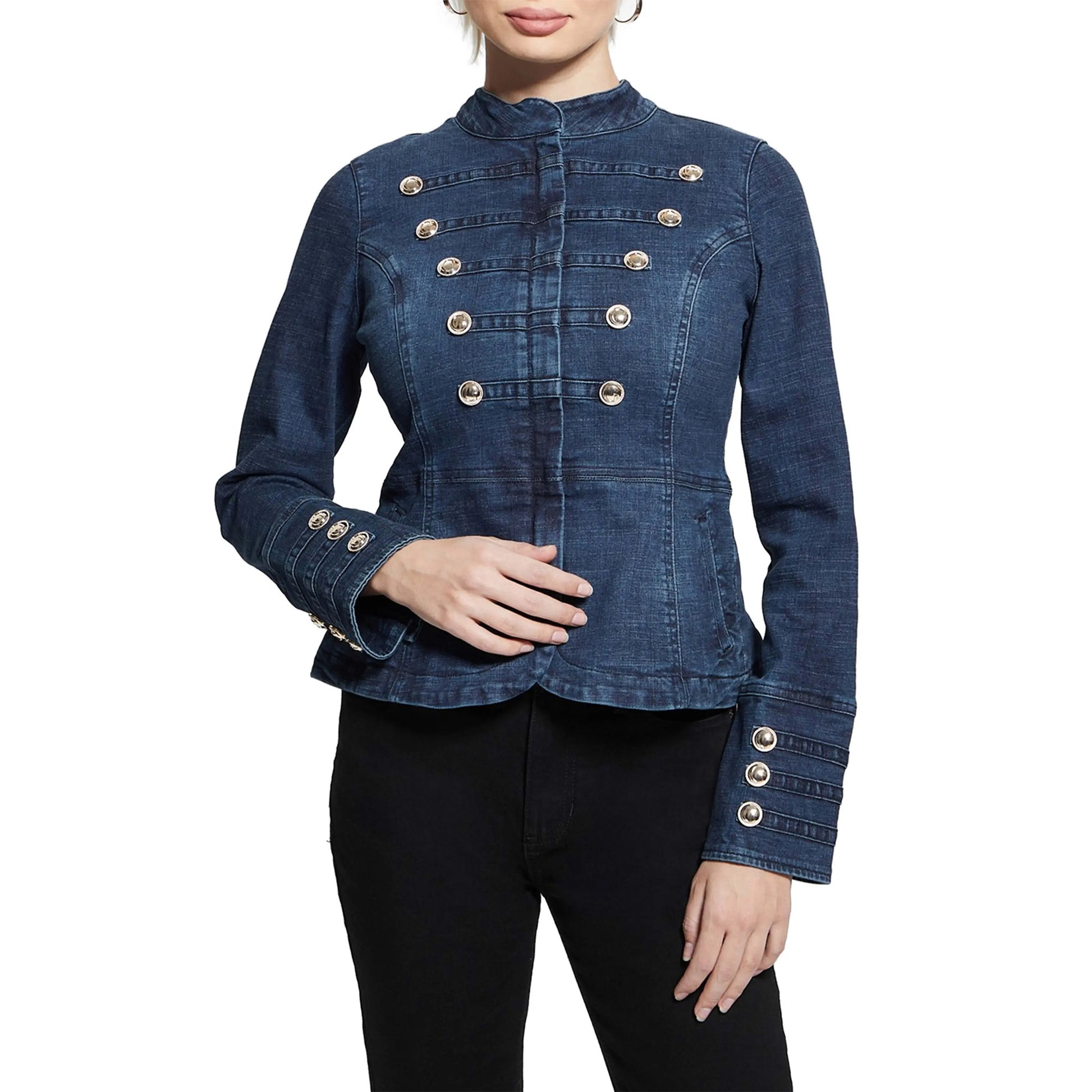 Military Style Buttoned Women Dark Blue Denim Jacket - ShopSplenor