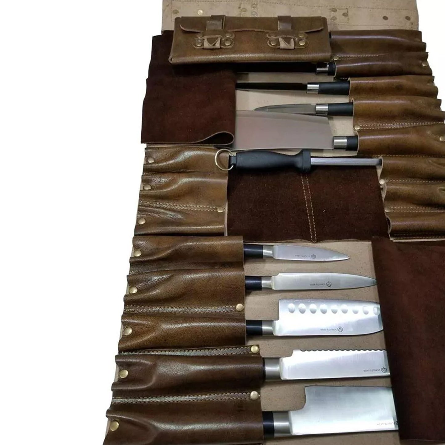 Perfect Chef Genuine Premium Leather Knife Bag Knife Roll 16 Pockets