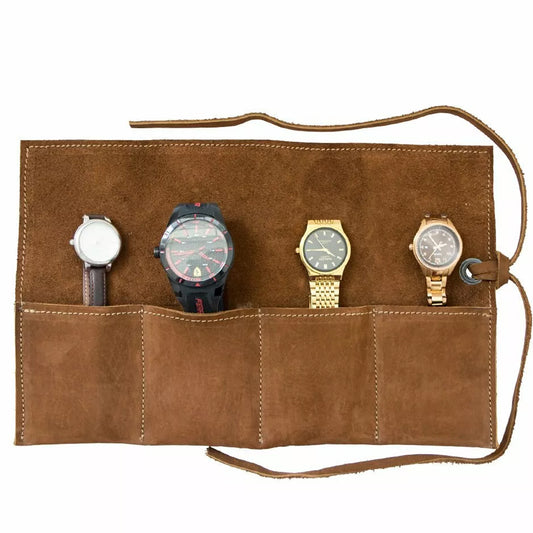 Handmade Suede Soft Leather Travel Watch Roll Organizer