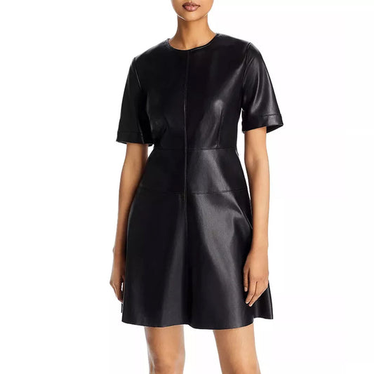 Solid Black Minimal Detailed Women Mini Leather T-shirt Dress