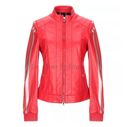 Striped Sleeves Red Biker Women Genuine Leather Jacket