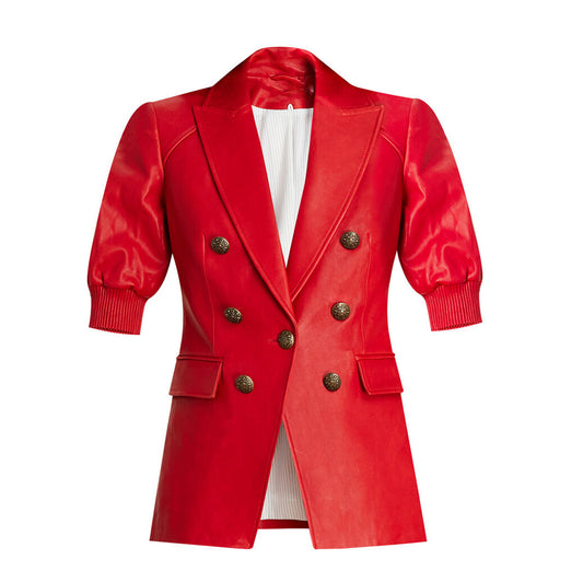 Stylish Red Double Breasted Short Sleeves Women Genuine Leather Jacket