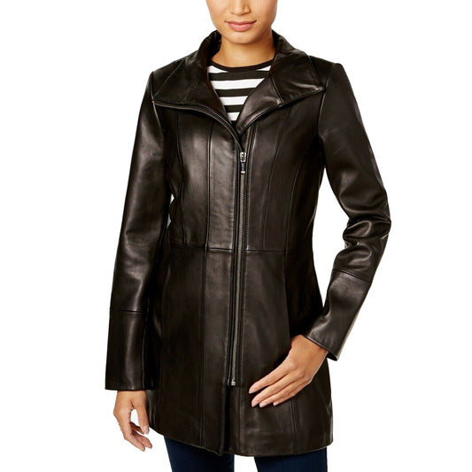 Zipper Front Women Genuine Leather Coat Black Leather