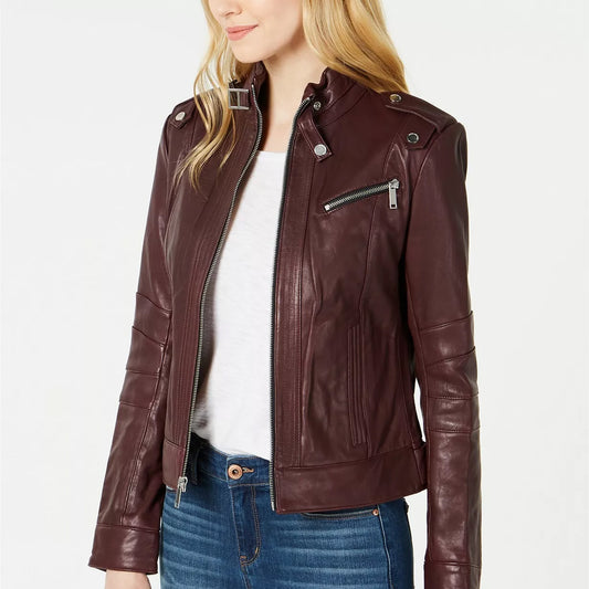 Zippered Style Handmade Women Genuine Leather Jacket