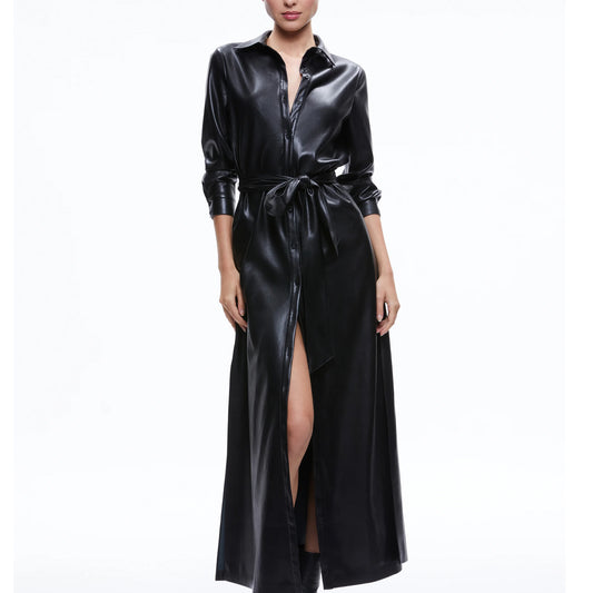 Black Classic Women Maxi Vegan Leather Shirt Dress